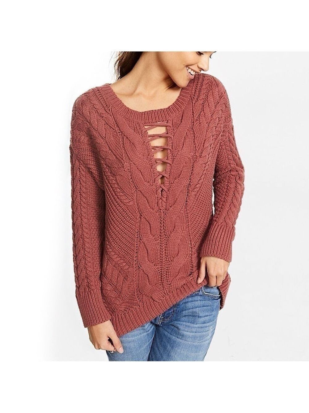 Express Lace-Up Inset Cable Knit Sweater